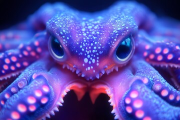 Unique close-up of a colorful octopus exhibiting vibrant patterns in a dark underwater environment