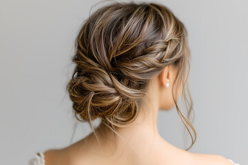 Naklejka premium Rear view of an elegant updo hairstyle, intricate bun design, soft and smooth hair texture, perfectly styled, professional studio portrait, white background.