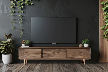 Ultra Hd Image of Tv on Black Wall with Wooden Floor Mock Up 3D Rendering