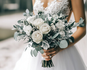 Close-Up of Bridal Bouquet with Winter Decorations – Elegant Seasonal Wedding Detail