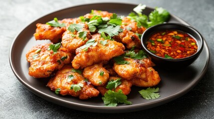 Crispy Fried Chicken Bites Garnished with Fresh Herbs and Spicy Dipping Sauce on a Dark Plate