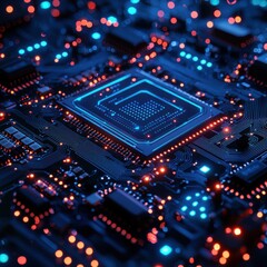 Obraz premium Detailed circuit board featuring both blue and red lights signifying complex electronic design