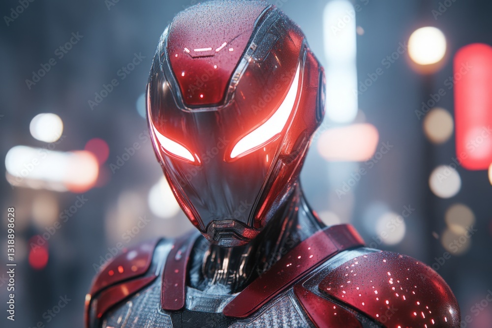 Poster futuristic robot in urban setting at night with glowing features showcasing advanced technology and 