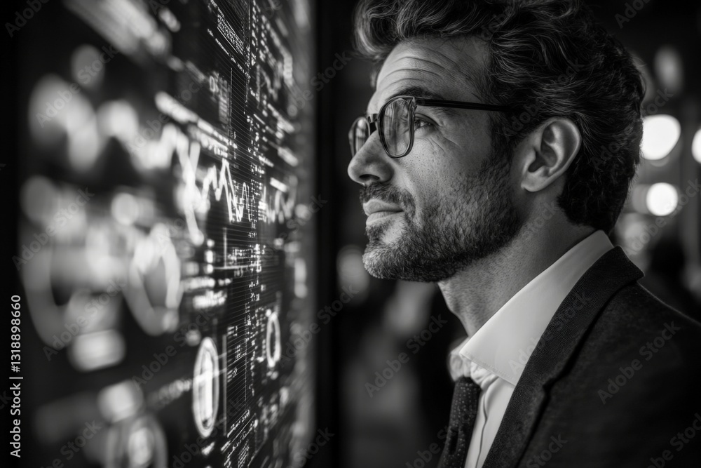 Poster professional man engaged with digital analytics display in urban setting during evening hours