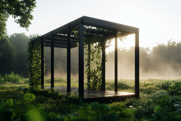 Fototapeta premium Outdoor Structure with Vines in Foggy Meadow