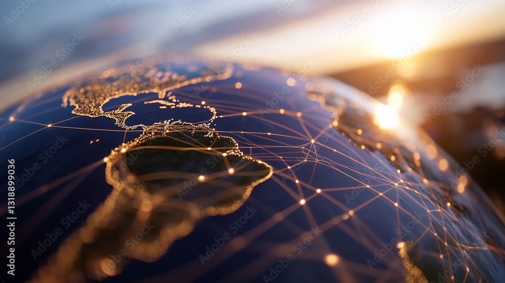 Poster globe showing global network connections with sunset background for infographics