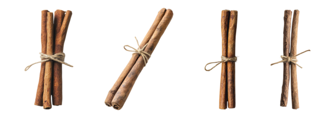 Set of cinnamon stick tied with twine isolated on transparent background, PNG, cut out