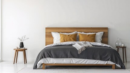 Generative AI, Minimalist Bedroom with Charcoal Gray Bedding and Mustard Yellow Accent Pillow