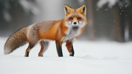 Obraz premium A fluffy red fox walks on white snow in a winter forest against a blurred background of snow-covered trees