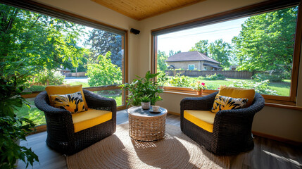 Fototapeta premium peaceful sunroom filled with greenery, featuring comfortable wicker chairs and round table. bright space invites relaxation and enjoyment of nature