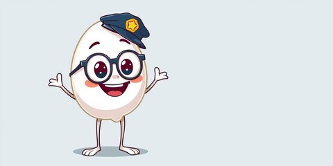 Smiling egg police emoticon character wearing glasses with a badge on its chest, smiling, cheerful
