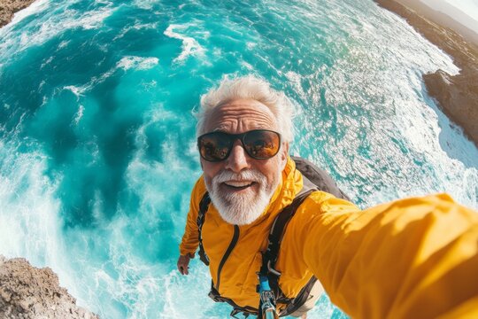 Senior man enjoys breathtaking ocean view while hiking along coastal cliffs in sunny weather