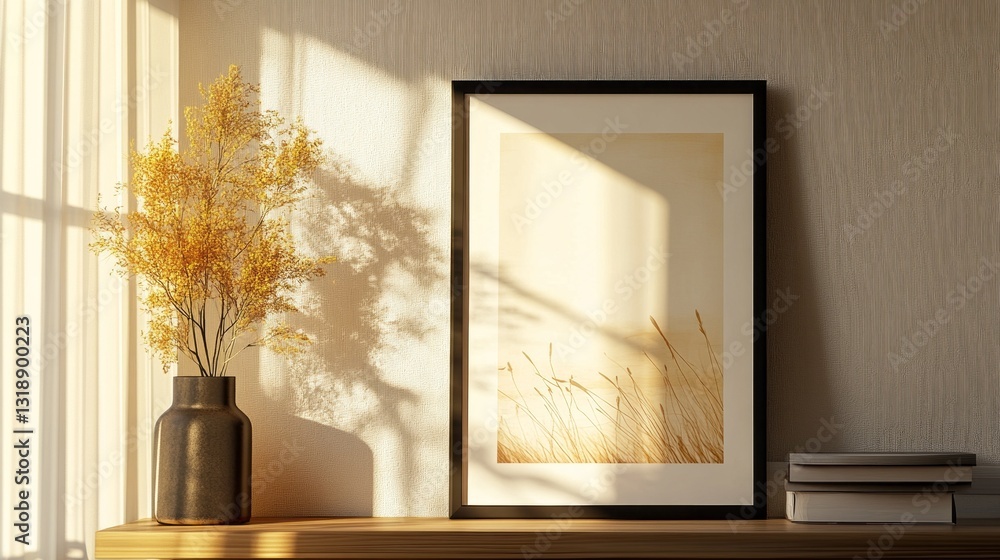 Poster Sunlight streams through a window, creating patterns on textured wall surfaces. A minimalist vase holds dried flowers, while a frame showcases an elegant piece of art, enhancing tranquility