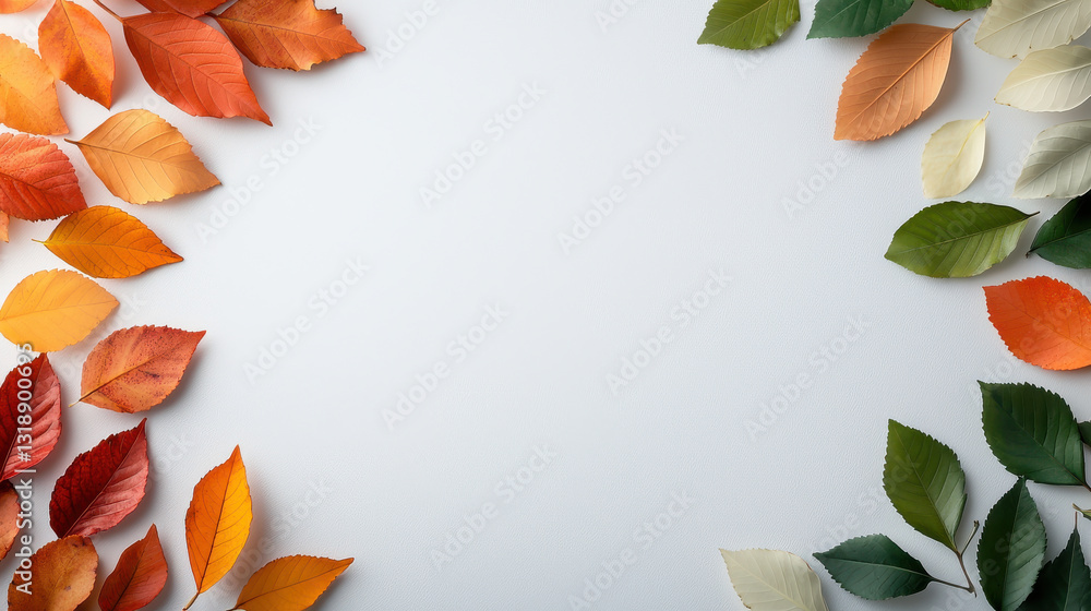 Poster vibrant composition of dry leaves in various colors arranged on light background, creating beautiful