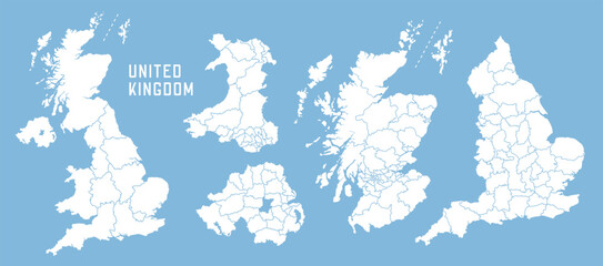 Detailed UK map with regional divisions. United Kingdom map. England, Scotland, Wales, Northern Ireland maps. Vector Great Britain map isolated on blue background. © Denys Holovatiuk
