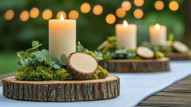 Table decoration and centerpiece concept. A serene outdoor setting featuring candles surrounded by moss and wood slices, illuminated by warm bokeh lights.
