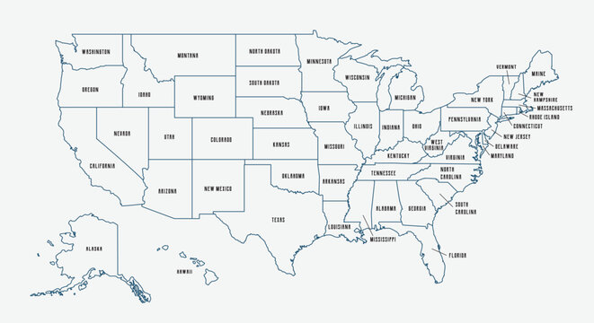 Map of the United States with state borders and names. USA map template. United States of America map isolated on white background. Vector illustration