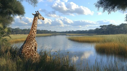 Obraz premium Giraffe by a tranquil river