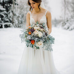 Winter Bride in Snowy Forest – Elegant Wedding Scene in Crisp Air Palette