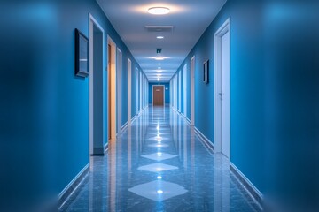 Obraz premium Long corridor with blue walls and polished floor in a modern hotel at night