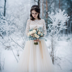 Winter Bride in Snowy Forest – Elegant Wedding Scene in Crisp Air Palette