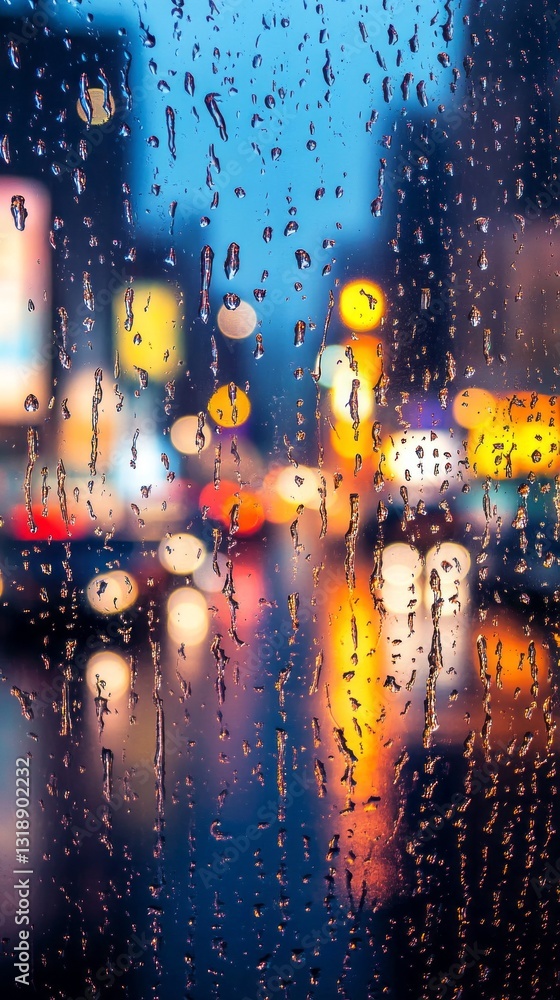 Poster raindrops decorate the window as colorful city lights blur in the background, creating a mesmerizing