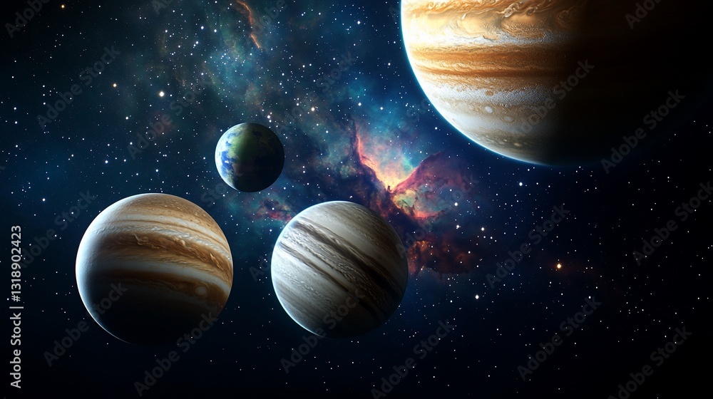 Wall mural planets orbiting in deep space creating galaxy backdrop, space exploration use