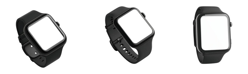 Set of modern smartwatch with a blank screen isolated on transparent background, PNG, cut out