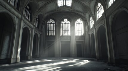 Fototapeta premium Abandoned Grand Hall: High Ceilings Arched Windows Sunlight Beams 