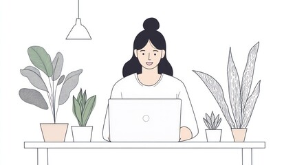 Woman works on laptop at home office, plants in background, freelance illustration