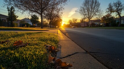 Dawn Street: Residential Stillness Sunlight and Fallen Leaves 