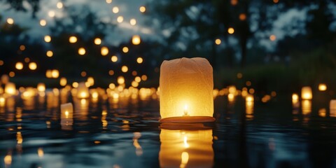 festive lantern display, a serene vesak celebration with gentle candlelight floating on a river, creating a peaceful atmosphere