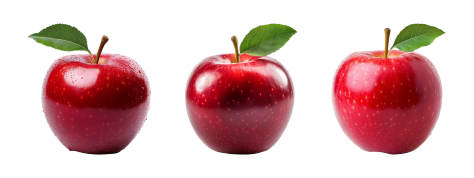 Set of glossy red apple with a small leaf isolated on transparent background, PNG, cut out