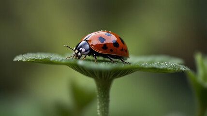 Obraz premium A ladybug perched on top of a rare four-leaf clover, ideal for illustrations and designs related to nature, good fortune, or whimsical themes