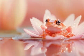 Fototapeta premium Pink frog sits gracefully on a water lily surrounded by soft colors in a serene pond at dawn