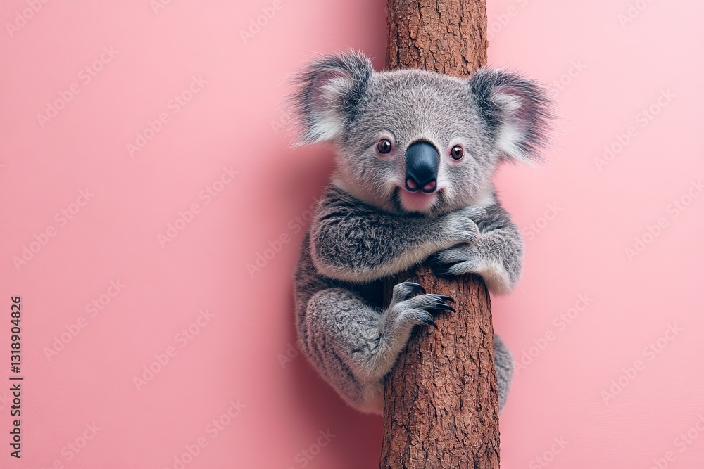 Poster koala sits on a tree trunk with a playful expression against a pink background in a bright and cheer