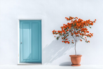 Floral tree by light blue door and white wall