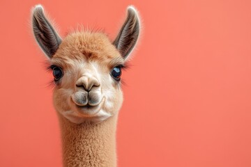 Obraz premium Charming llama with expressive eyes posed against a vibrant coral background in a playful close-up shot
