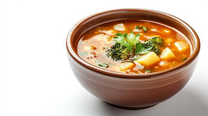 A comforting bowl of broccoli and potato soup, beautifully isolated against a white background with soft toning