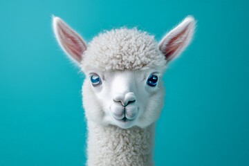 Obraz premium Cute white llama with large blue eyes posing against a bright teal background
