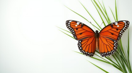 Orange Butterfly on Green Grass Against White Background