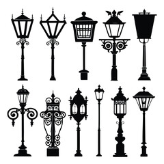 Vintage iron street lamps illuminate the old city with retro light.