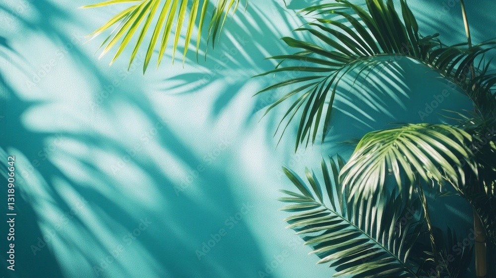 Poster Sunlight filters through lush green palm leaves, creating intricate patterns on a bright turquoise wall. The warm afternoon illuminates the tropical atmosphere