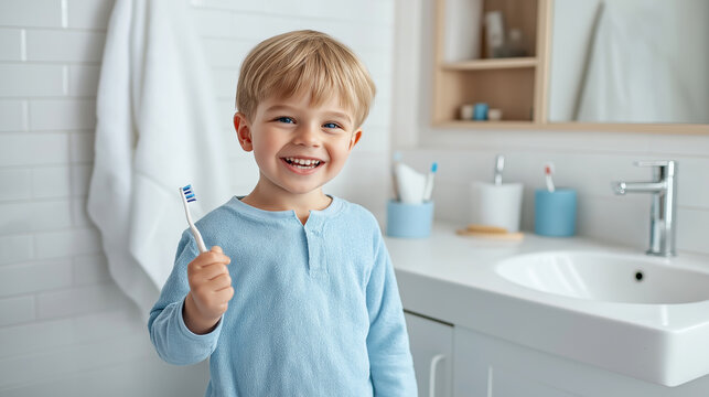 Smiling child holds toothbrush in bright bathroom, promoting good dental hygiene, healthy habits, and the importance of oral care in daily routines