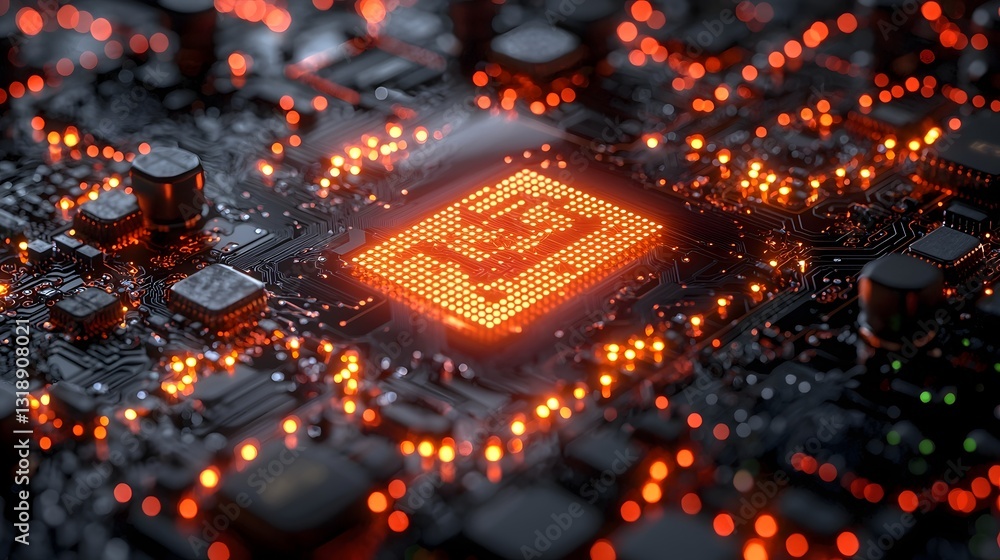 Poster glowing blockchain logo on sleek desk with elements of technology and innovation