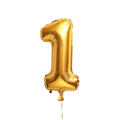 Shiny Gold Number 1 Balloon, Celebratory Foil Balloon Decoration. isolated on transparent background Helium balloons font