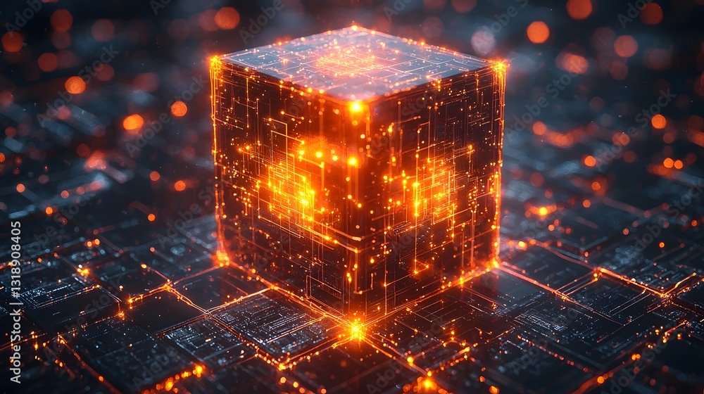 Poster glowing abstract blockchain cube connecting digital world with energy and data streams