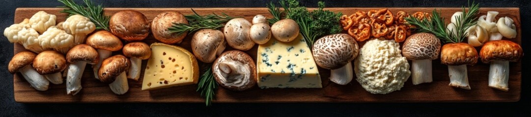 Fototapeta premium Gourmet Vegan Mushroom and Cheese Display on Wooden Platter with Fresh Herbs. Generative AI