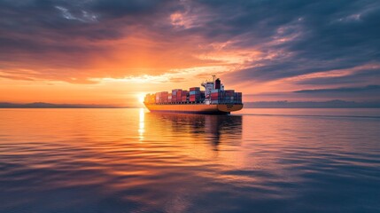 Obraz premium Cargo Ship at Sunset: Calm Sea Low Angle View 