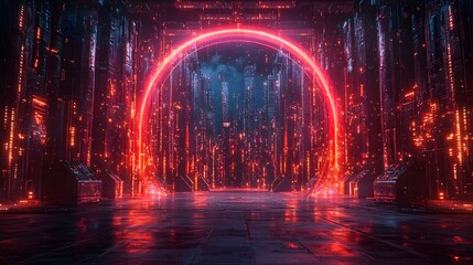 Obraz premium Futuristic Arena for Entrepreneurs to Pitch Ideas with Glowing Holographic Products and Cheering Audiences